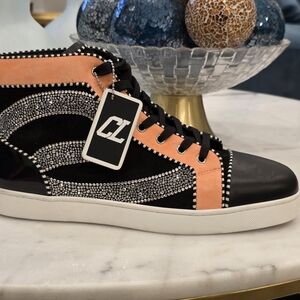 Christian Louboutin Black and Peach Embellished Sneakers